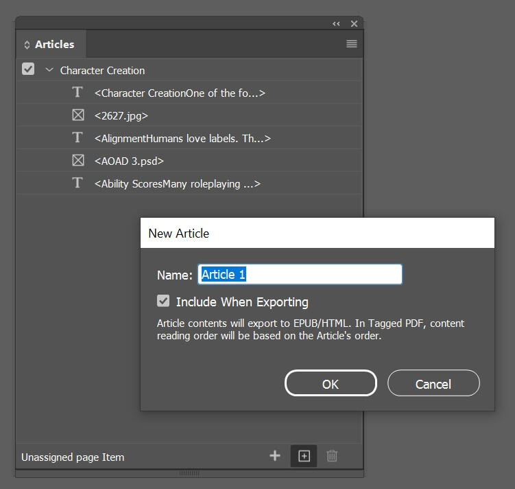 Screenshot of the Articles panel in InDesign, with the New Articles window open.
