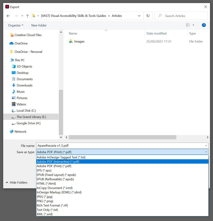 File Save As window, with the file type context menu open. Interactive PDF is highlighted.
