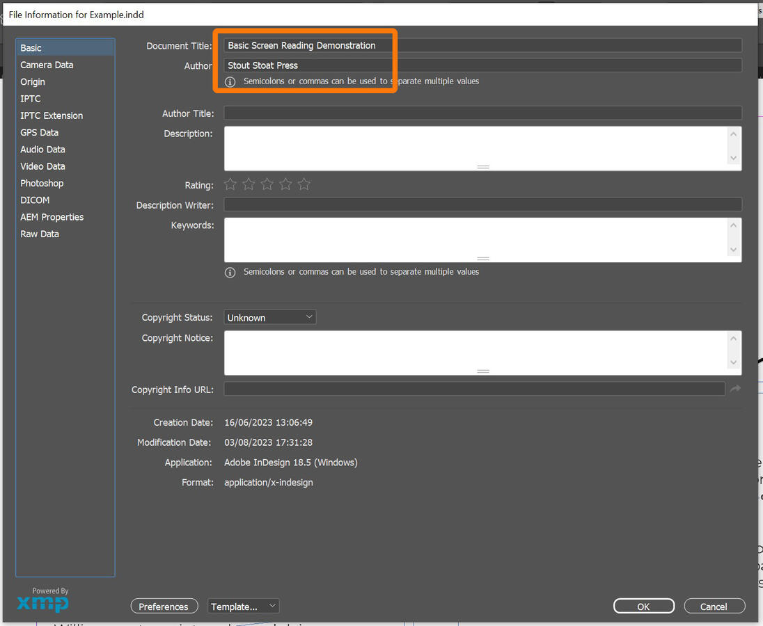 Screenshot of the File Information panel in InDesign. The Document Title and Author fields are highlighted.