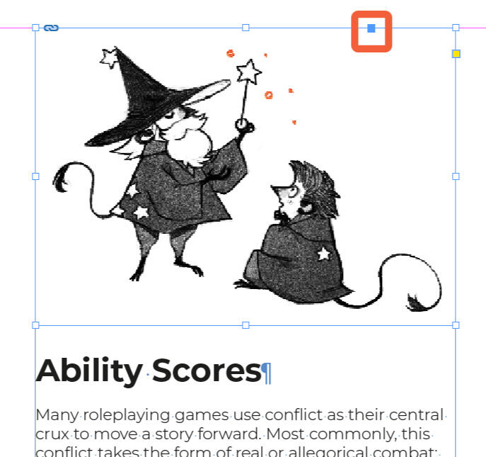 Screenshot an object selected in InDesign; its anchor button is highlighted.