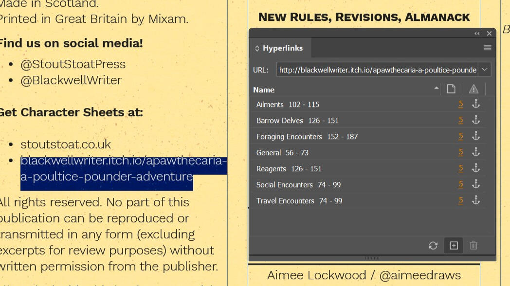 Screenshot of a layout in InDesign. A section of text is highlighted, and next to this text is the Hyperlinks panel.
