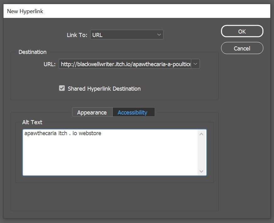 Screenshot of the New Hyperlink panel from InDesign. The Accessibility tab for Alt Texting links is open.
