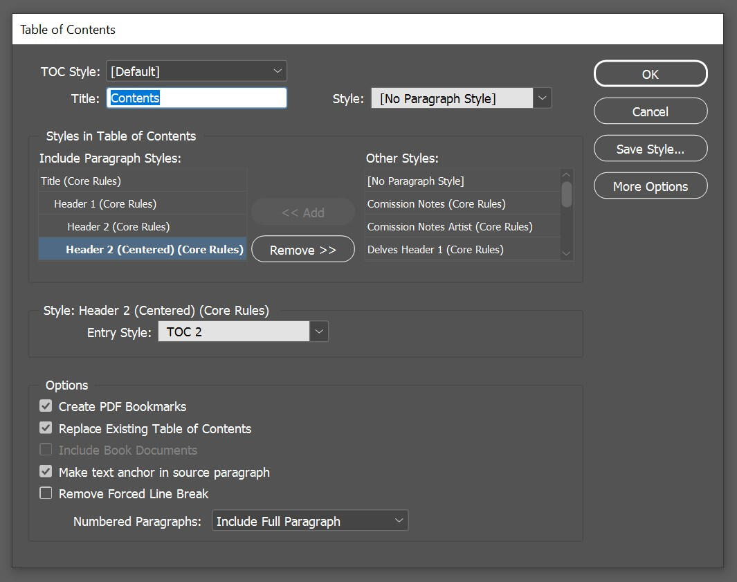 Screenshot fo the Table of Contents panel from InDesign.