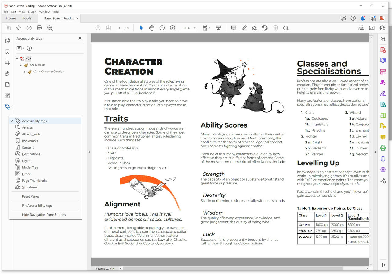 A screenshot of a PDF open in Adobe Acrobat DC. The context menu for its left sidebar is opened, and the Accessibility Tags option is highlighted.
