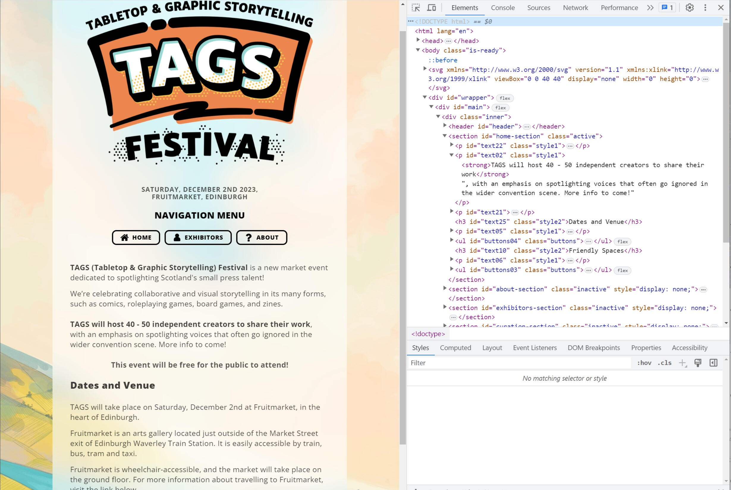 A screenshot of the TAGS (Tabletop & Graphic Storytelling) Festival website, with its code being inspected in an adjacent window.