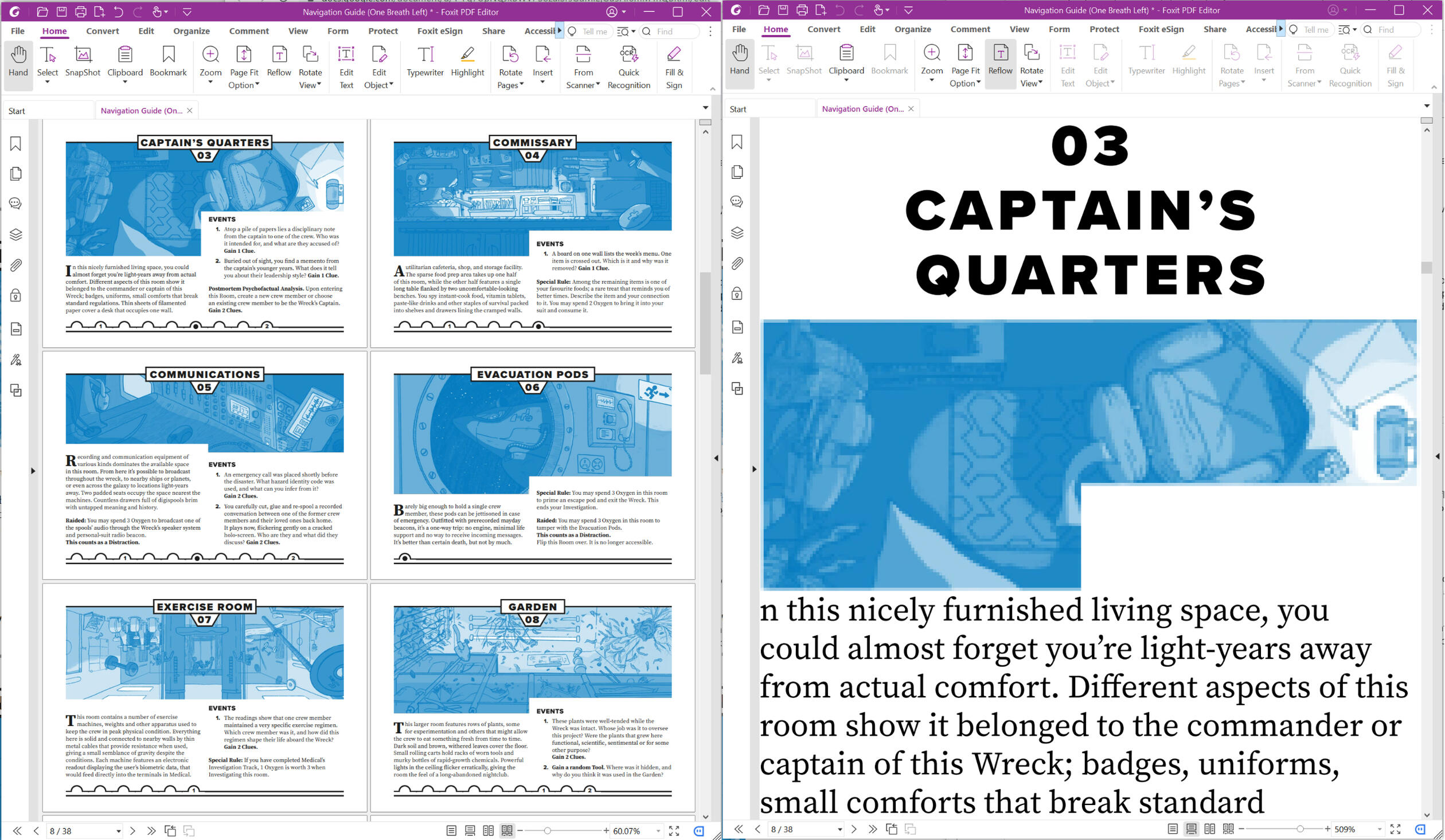 A side by side comparison the same PDF. On the left its display is unaltered, showing 3 A5 spreads, each with images and text wrapped to fit around each other. On the right the PDF is reflowed, showing a much larger copy of the the first page's header, ima