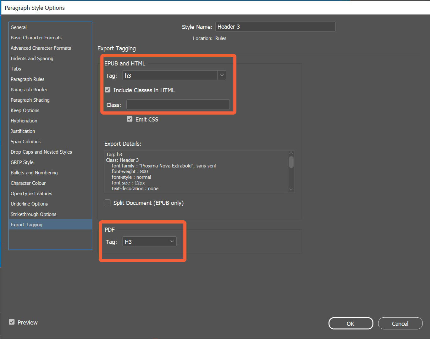 Screenshot of InDesign's Paragraph Style Options panel, open on the Export Tagging tab. The "EPUB and HTML", and "PDF" fields are highlighted.