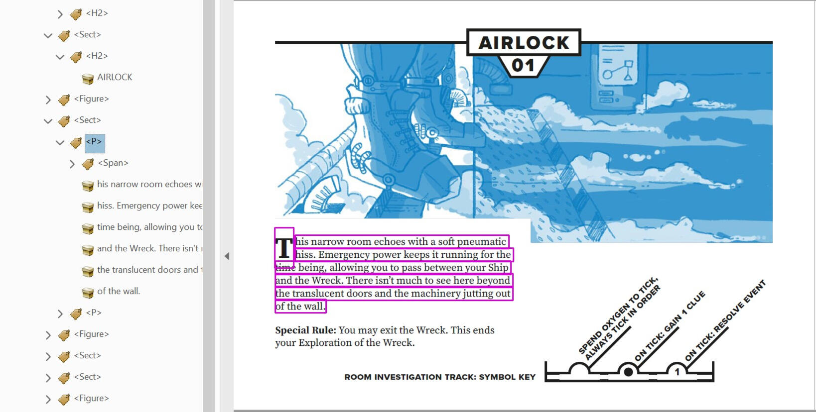 A screenshot of a PDF with it's tags on display. A P tag is selected. A corresponding paragraph is highlighted, with each of the paragraph's lines separate. The start of the paragraph, a large capital T, is also highlighted.