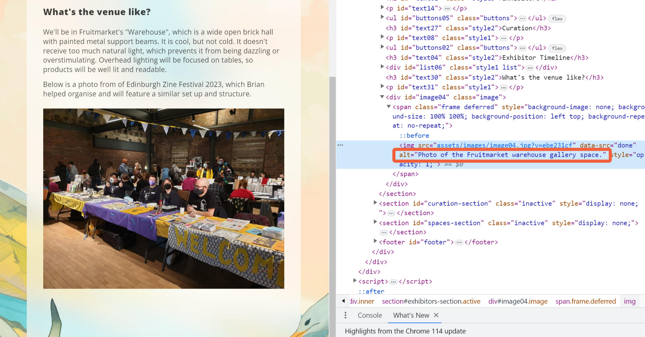 A screenshot of the TAGS fest website with is code being inspected. An image tag is highlighted, with its alt attribute circled.