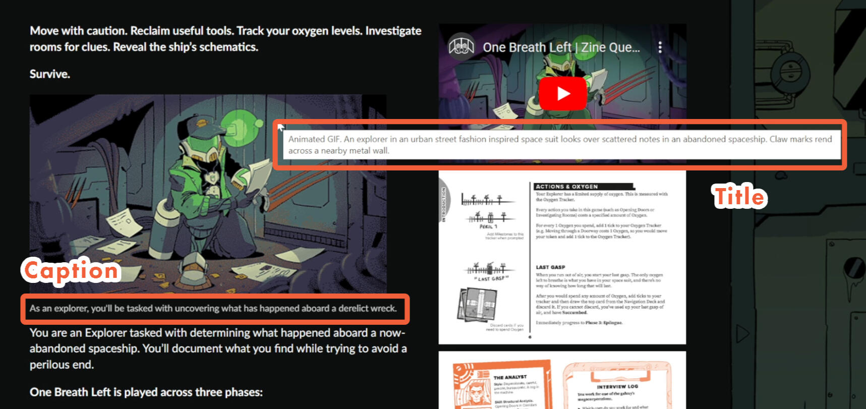 A screenshot of an image in an itch.io product page, with circles and labels around its mouse over title, and its caption