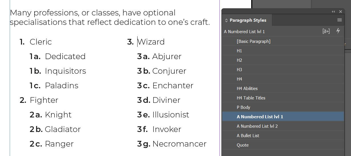 A screenshot of a series of nested lists open in InDesign. Adjacent to the lists is the Paragraph Styles panel.