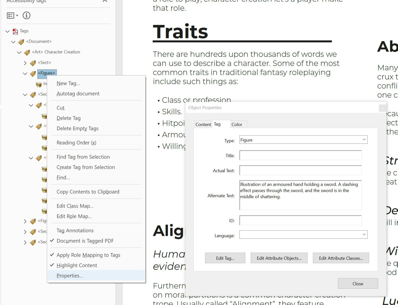The same PDF from the previous graphics. A Figure tag has its context menu open, with the Properties option highlighted. Next to the menu is the Object Properties panel, open on the Tag tab.