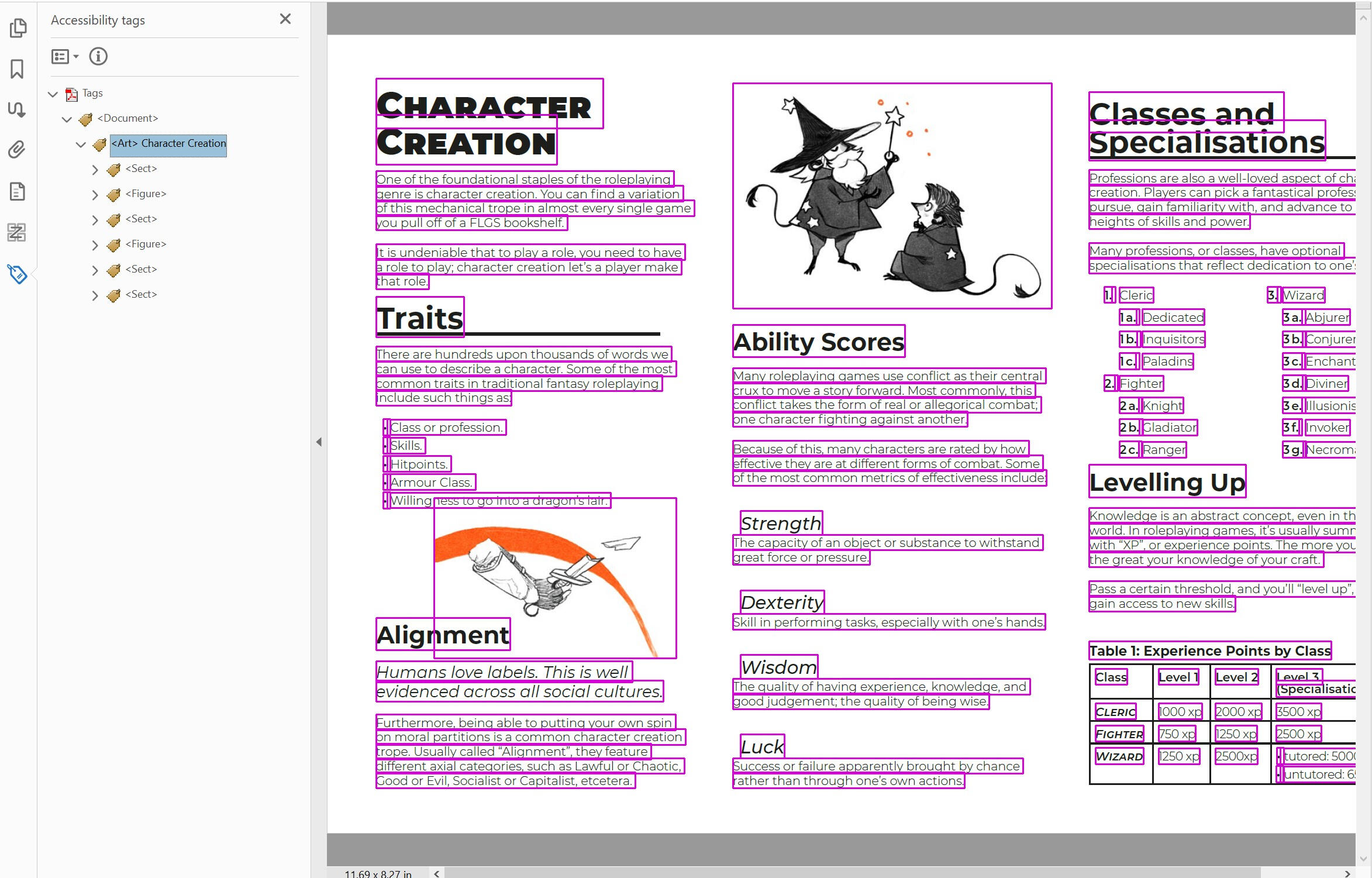The same PDF from the previous graphics, with it tags selected and relevant visual content highlighted.